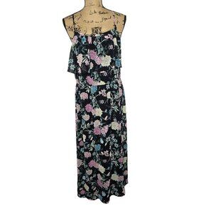 Kensie Black Floral Dark Bohemian Cottagecore Maxi Dress Large